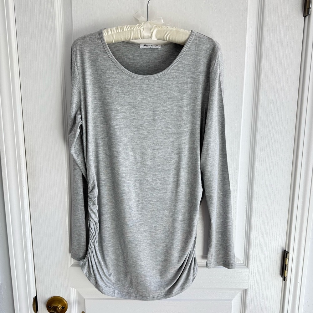 NWT Bearsland Maternity Top Long Sleeve Classic Side Ruching Gray Tee Shirt Sz M